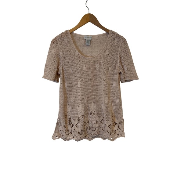 Soft Surroundings Tops - Soft Surroundings Crochet Top Womens Medium Beige Floral Lace Hem Short Sleeve